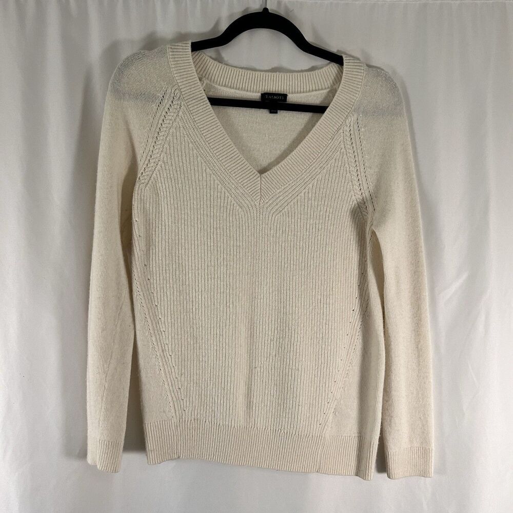 Talbots Wool Cashmere Sweater Women's XS Ivory Knit Ribbed Vneck Pullover